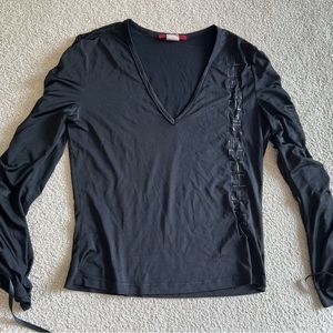 WOMEN LEVEL LVL X BLACK V NECK SCRUNCH LONG SLEEVE STRETCH FITTED TOP Tee Shirt